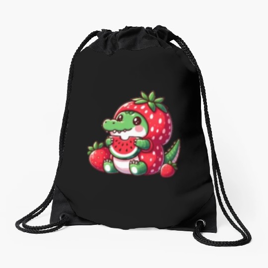 Crocodile in watermelon costume Drawstring Bags
