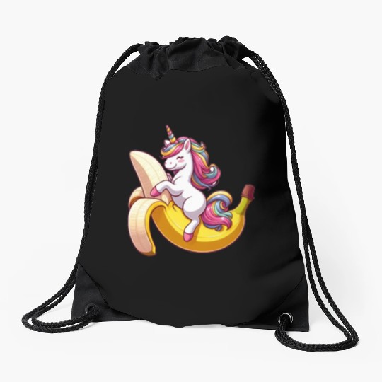 Unicorn on banana Drawstring Bags