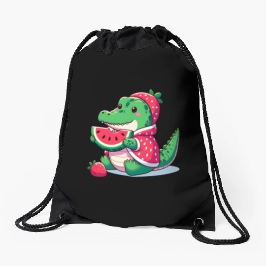 Crocodile in watermelon costume Drawstring Bags