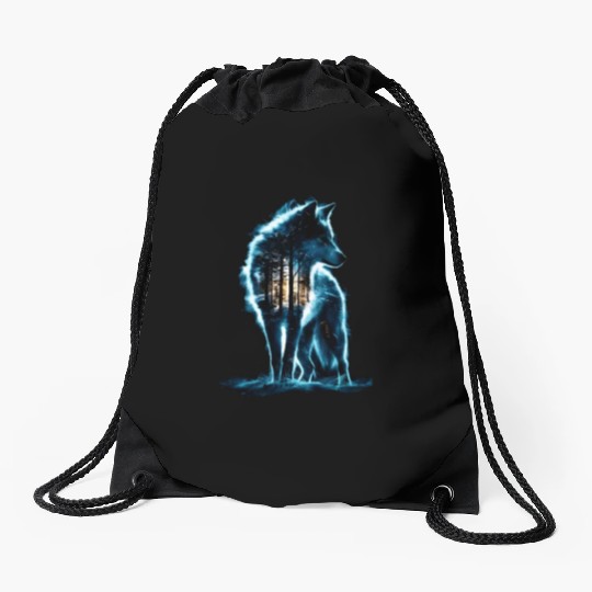 Majestic Wolf Through The Mysterious Forest Drawstring Bags