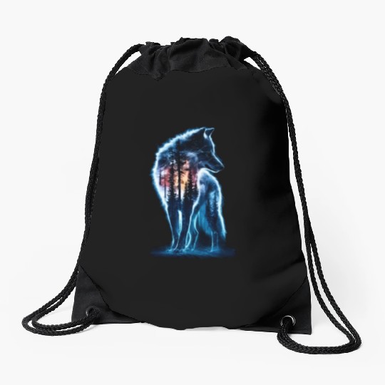 Majestic Wolf Through The Mysterious Forest Drawstring Bags