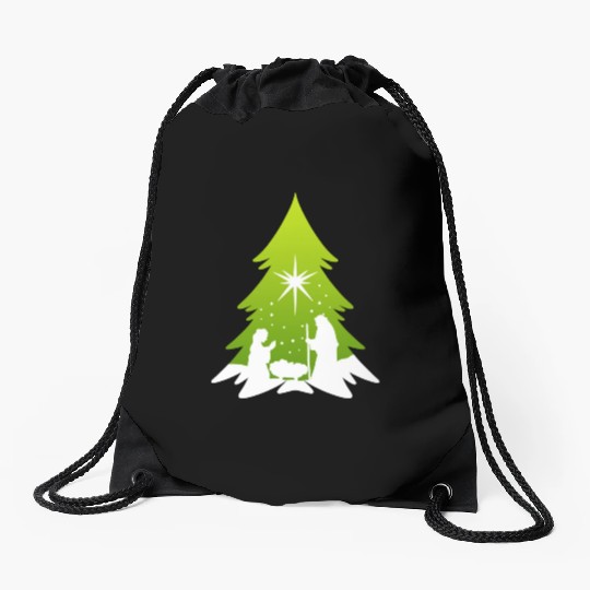 Christmas Tree Nativity Scene Artist Drawstring Bags