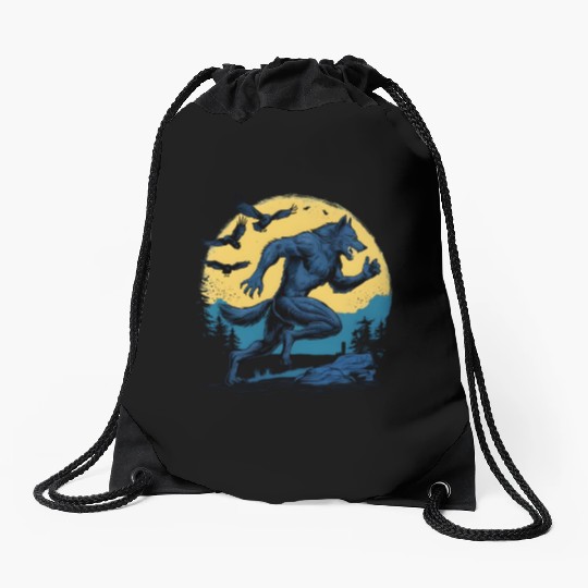Running Werewolf with Crows Drawstring Bags