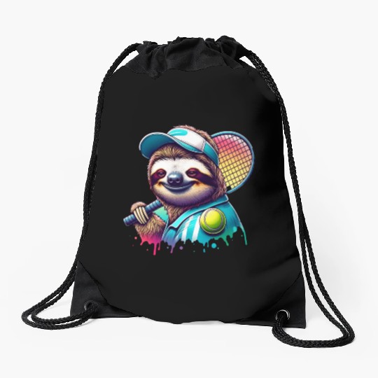 Sloth Tennis Player Court Match Design Drawstring Bags