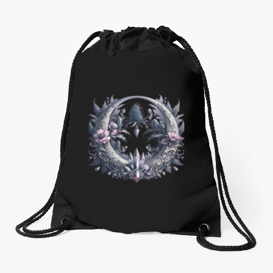 Crescent moon in silver, with crystals and flowers Drawstring Bags