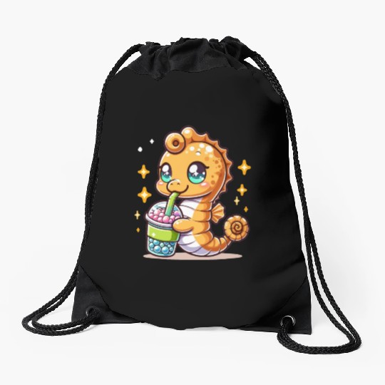 Kawaii Sea Horse Enjoys Bubble Tea Sea Animal Boba Drawstring Bags