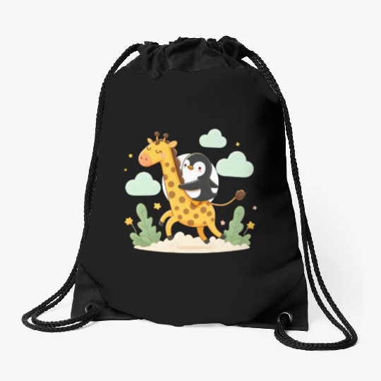 Penguin rides giraffe Drawstring Bags
