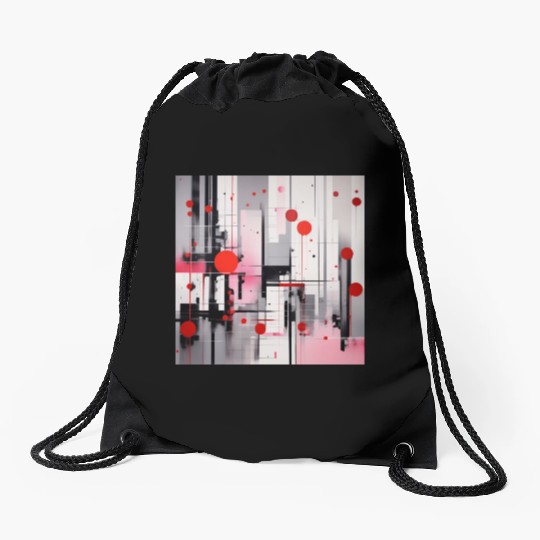 Red Black Light Pink and Gray Dots and Lines Drawstring Bags