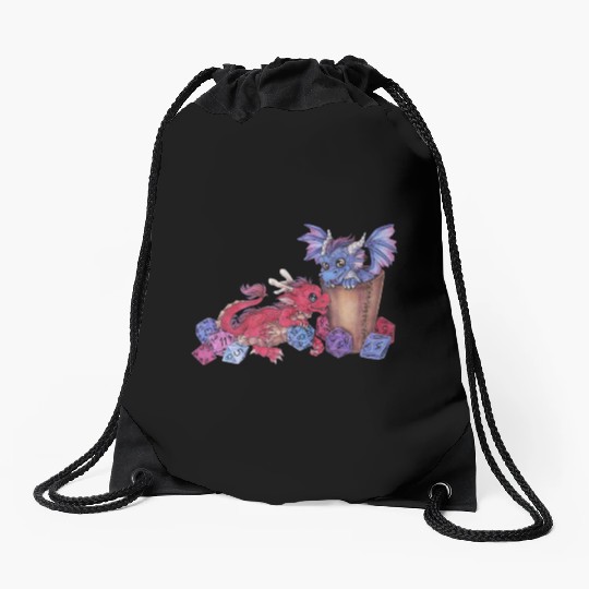 Cute dragon chibi with dice D20 pen and paper Drawstring Bags