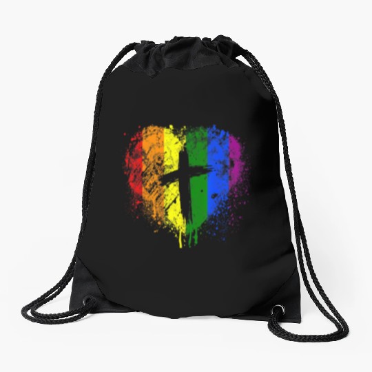 Rainbow Heart with Cross Gay Pride LGBT Christian Drawstring Bags