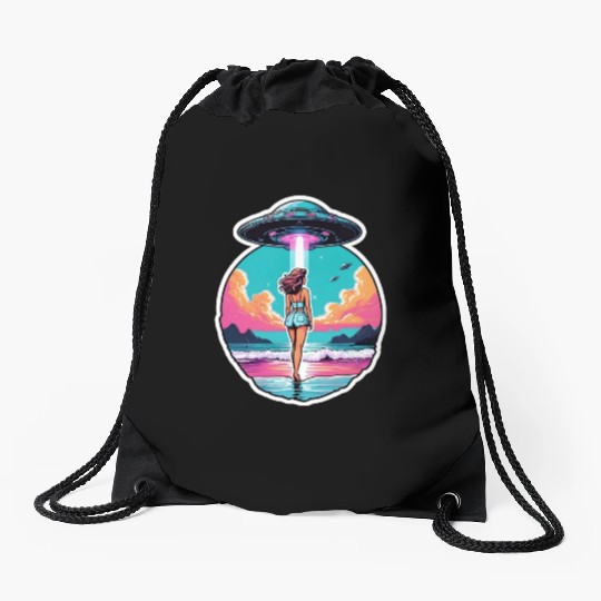 Woman at the shore walking towards a UFO. Drawstring Bags