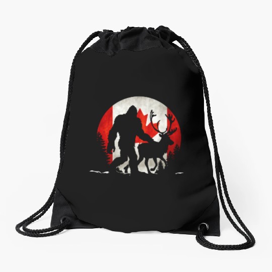 Canadian bigfoot & Reindeer Deer Retro Canada Day Drawstring Bags