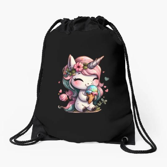 Chibi Unicorn Eating Ice Cream Drawstring Bags
