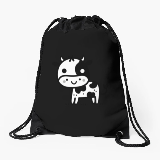 Friendly Stick Figure Cow - Black & White Drawstring Bags