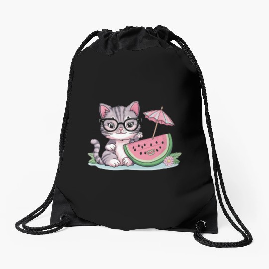 cute kitten an watermelon slice vector illustratio Drawstring Bags