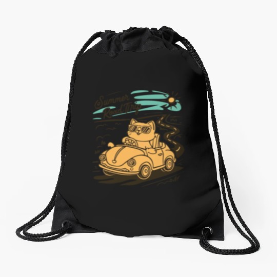 Summer Road Trip Vacation Cat lover Gift Drawstring Bags