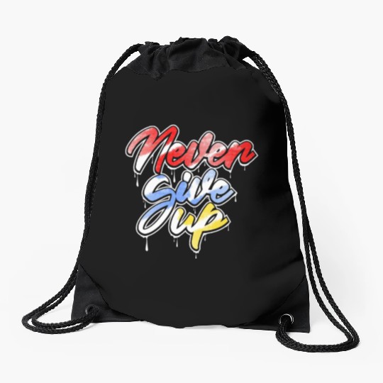 never give up art Drawstring Bags