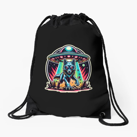 Alien wolf landing Drawstring Bags