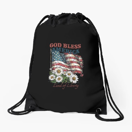 God Bless America 4th Of July US Flag Daisy Drawstring Bags