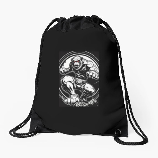 Zombie ape street fighter black and white circle l Drawstring Bags
