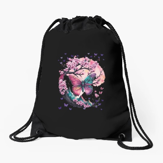 Cherry Blossoms, Butterflies & Mountains - Zen Drawstring Bags