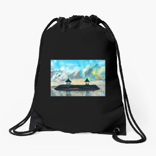 Peaceful sunset on beach scene with acrylic Drawstring Bags