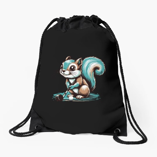 Cute cartoon squirrel playing golf Drawstring Bags
