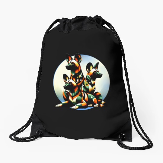 African Painted Wild Dogs Moon Art Drawstring Bags