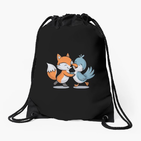 Cute Fox and Bird Friends Drawstring Bags