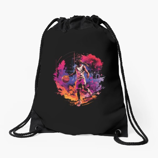 Basketball Player Surrounded by Sunset, Artwork Drawstring Bags