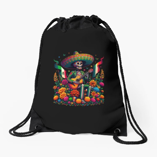 Mexican Celebration Skeleton with Guitar Art Drawstring Bags