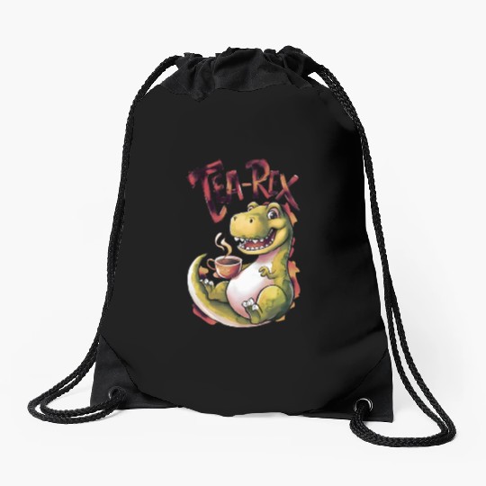 Tea-Rex Delight Dino drinking tea Drawstring Bags