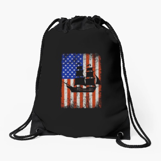 Stars, Stripes & Pirate Ship American Flag Drawstring Bags