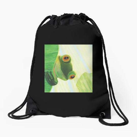 Cute Green Frog Peeping out From Behind Lily Pad Drawstring Bags