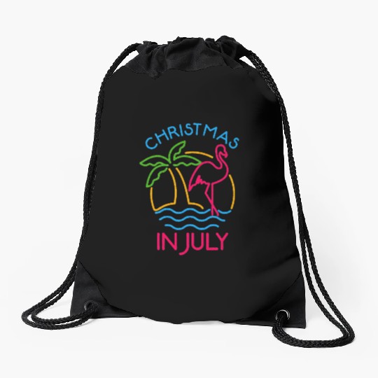 Christmas In July Pink Flamingo Drawstring Bags