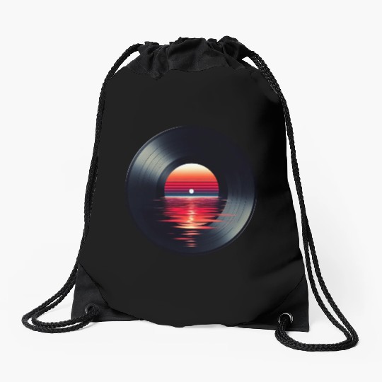 Vinyl LP Music Record, Retro Sunset Drawstring Bags