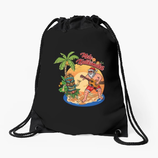 Mele Kalikimaka Funny Santa Playing Guitar Hawaii Drawstring Bags