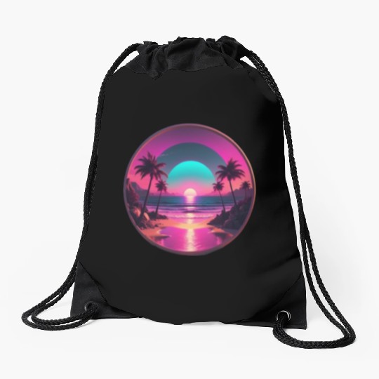 Synthwave Beach Scene with Palm Trees and Sunset Drawstring Bags