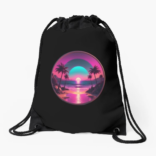Synthwave Beach Scene with Palm Trees and Sunset Drawstring Bags