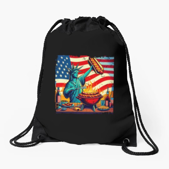 Nostalgic American BBQ Design Lady Liberty BBQ Drawstring Bags