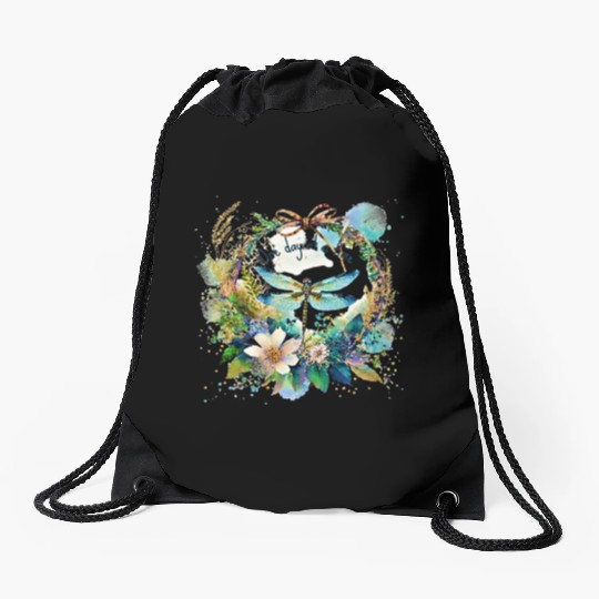 One day at a time dragonfly floral Drawstring Bags