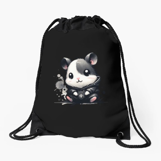 Charcoal Hip Hop Hamster Drawstring Bags