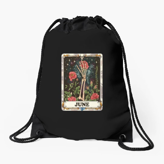 June Gothic Tarot Card - Rose Flower & Skeleton's Drawstring Bags