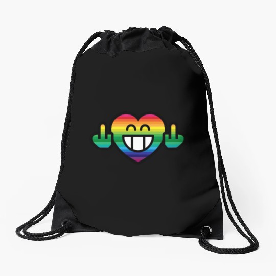Emoticon Grin Rainbow Heart with Stinkfingers Drawstring Bags