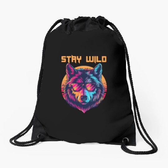 Stay Wild Wolf Colorful Retro Animal Sunglasses Drawstring Bags