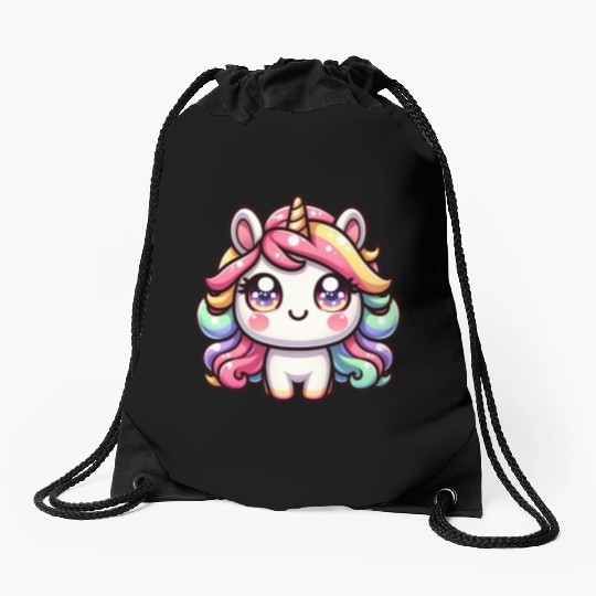 Cute chibi Unicorn with colorful hair Drawstring Bags