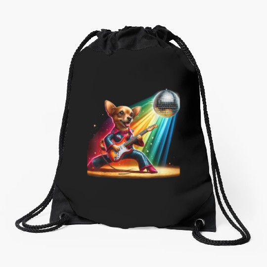 Disco Guitar Chiweenie dog Drawstring Bags