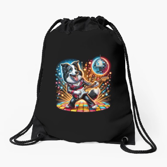 Disco Border Collie dog Drawstring Bags