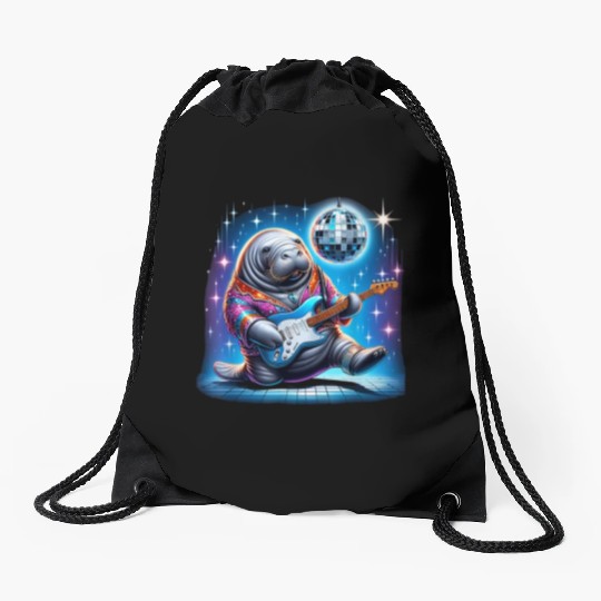 Disco Ball Guitar Manatee Drawstring Bags