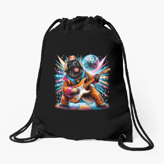 Disco Guitar Leonberger dog Drawstring Bags